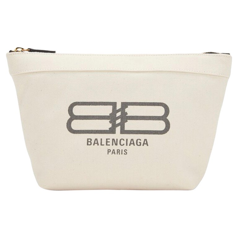 New Balenciaga White BB Logo Print Small Jumbo Canvas Clutch Pouch Bag ...