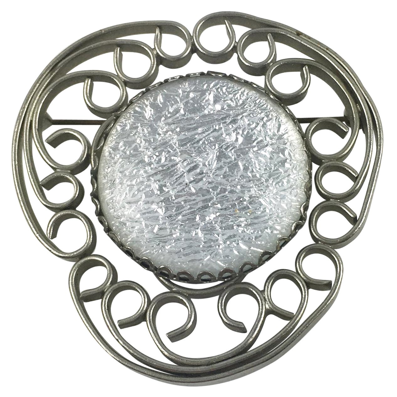 Jacques Gautier Style Silvered Metal Poured Glass Cabochon Pin Brooch For Sale