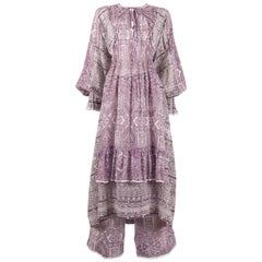 Gina Fratini purple voile cotton summer dress and pants ensemble, circa 1971