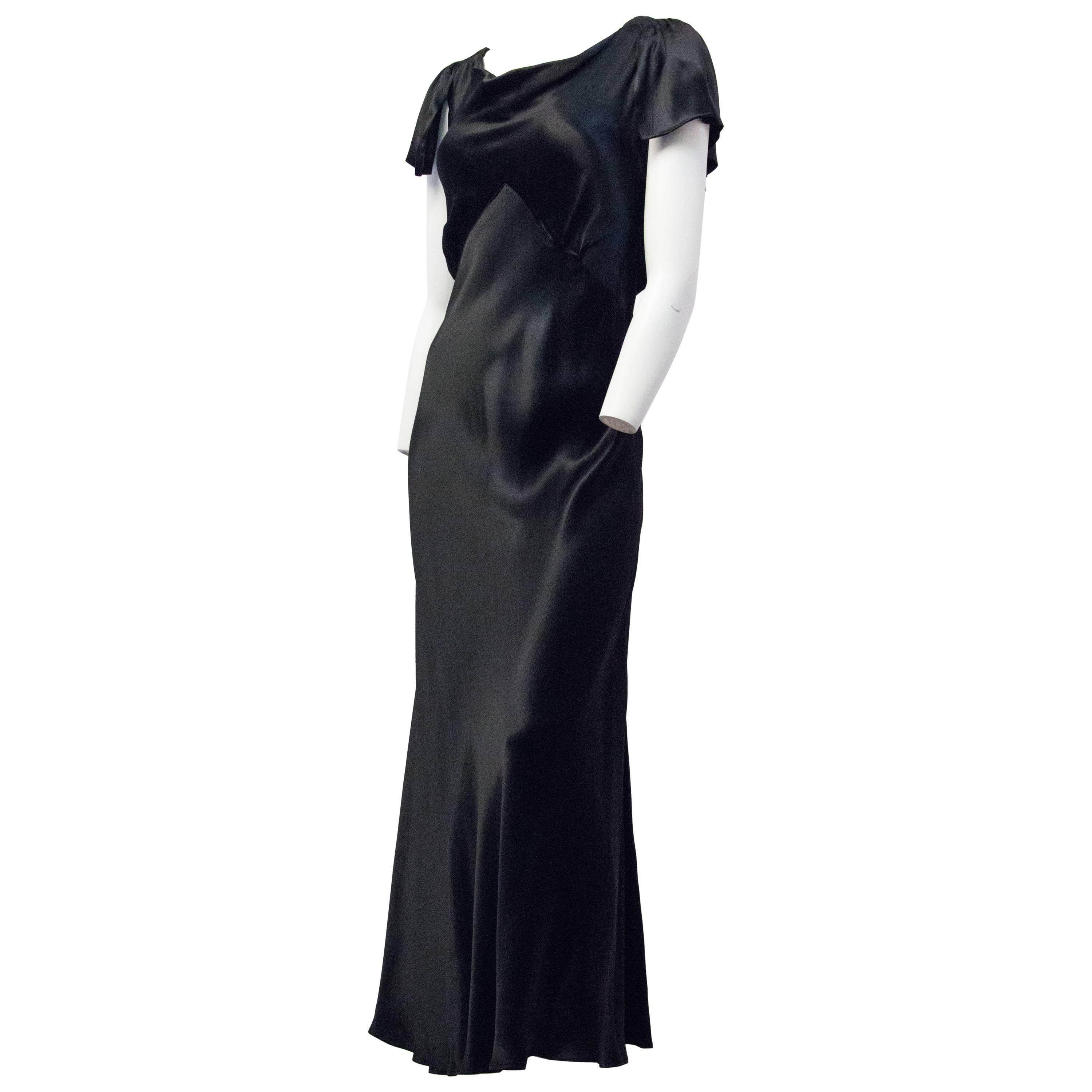 30s Black Satin Bias Cut Evening gown