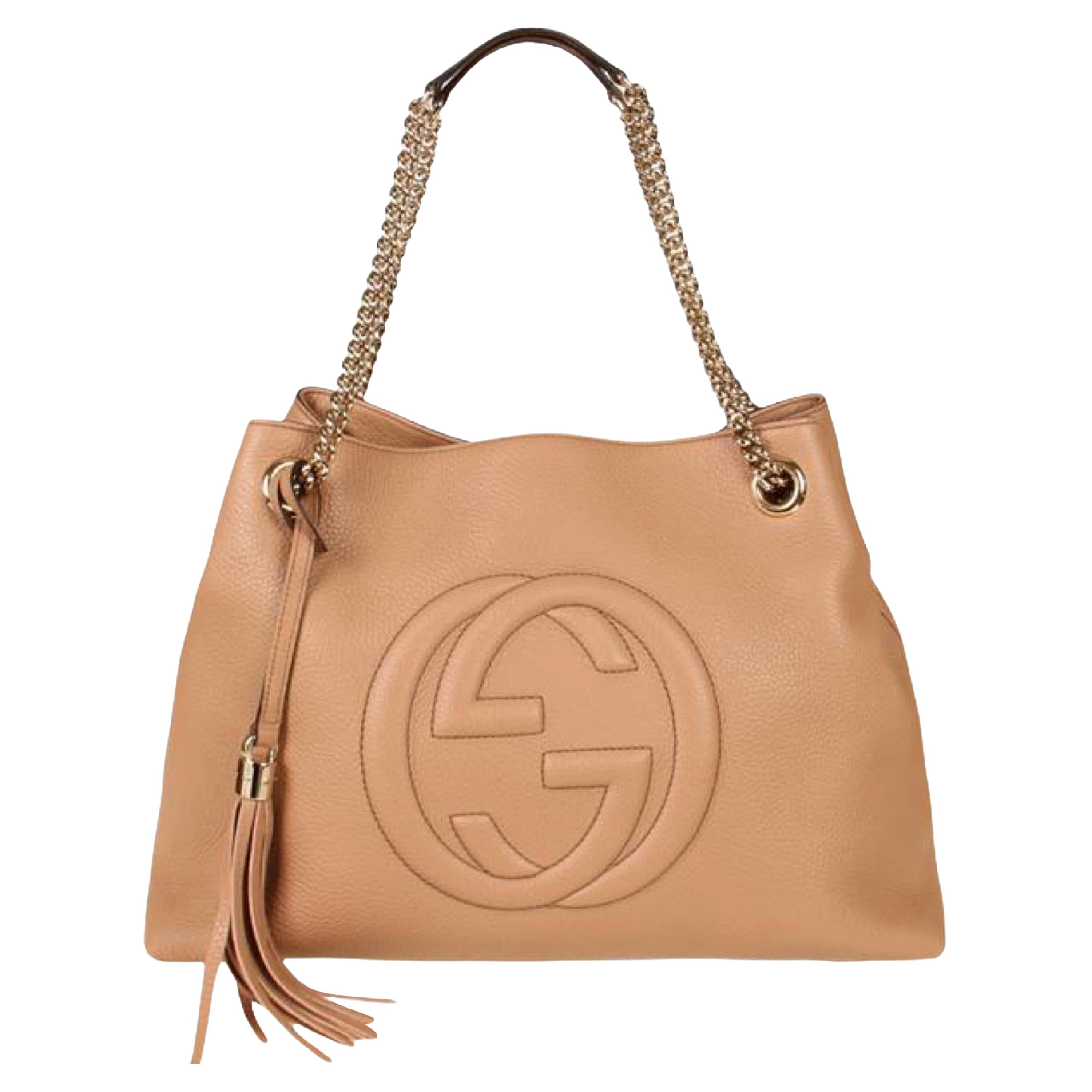 NEW Gucci Beige Pebbled Leather Medium Soho Chain Tote Shoulder Bag For Sale