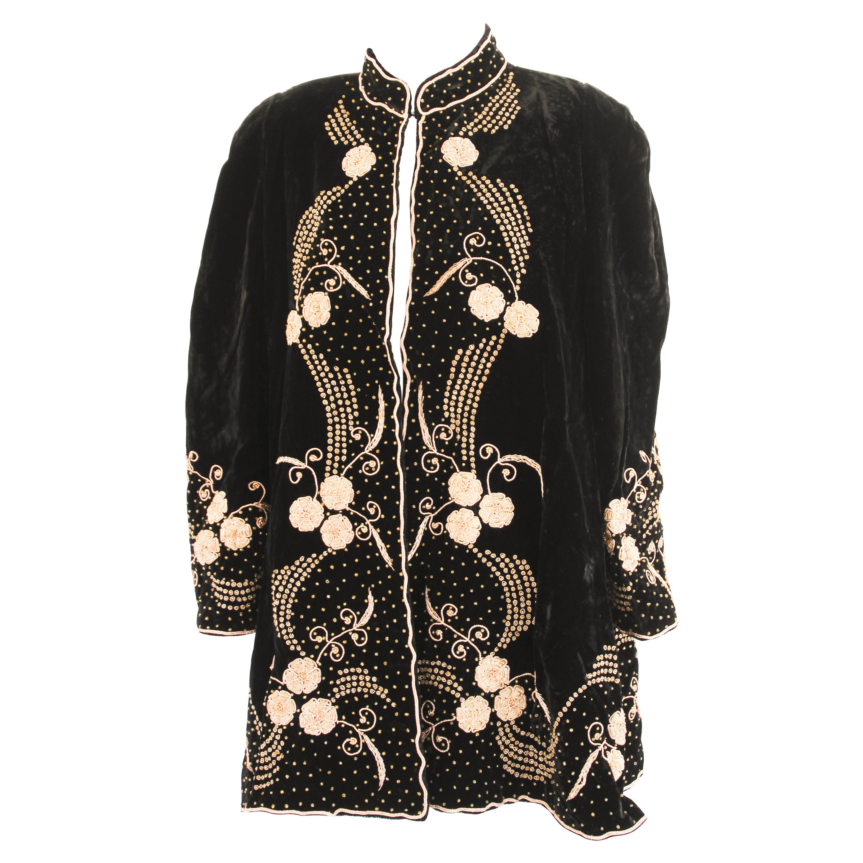 Vintage Bohemian Chic Beaded Black Velvet Jacket 1980's Fortuny Style