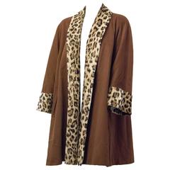 80s 1950s Style Cashmere Swing Coat with Faux Leopard trim  