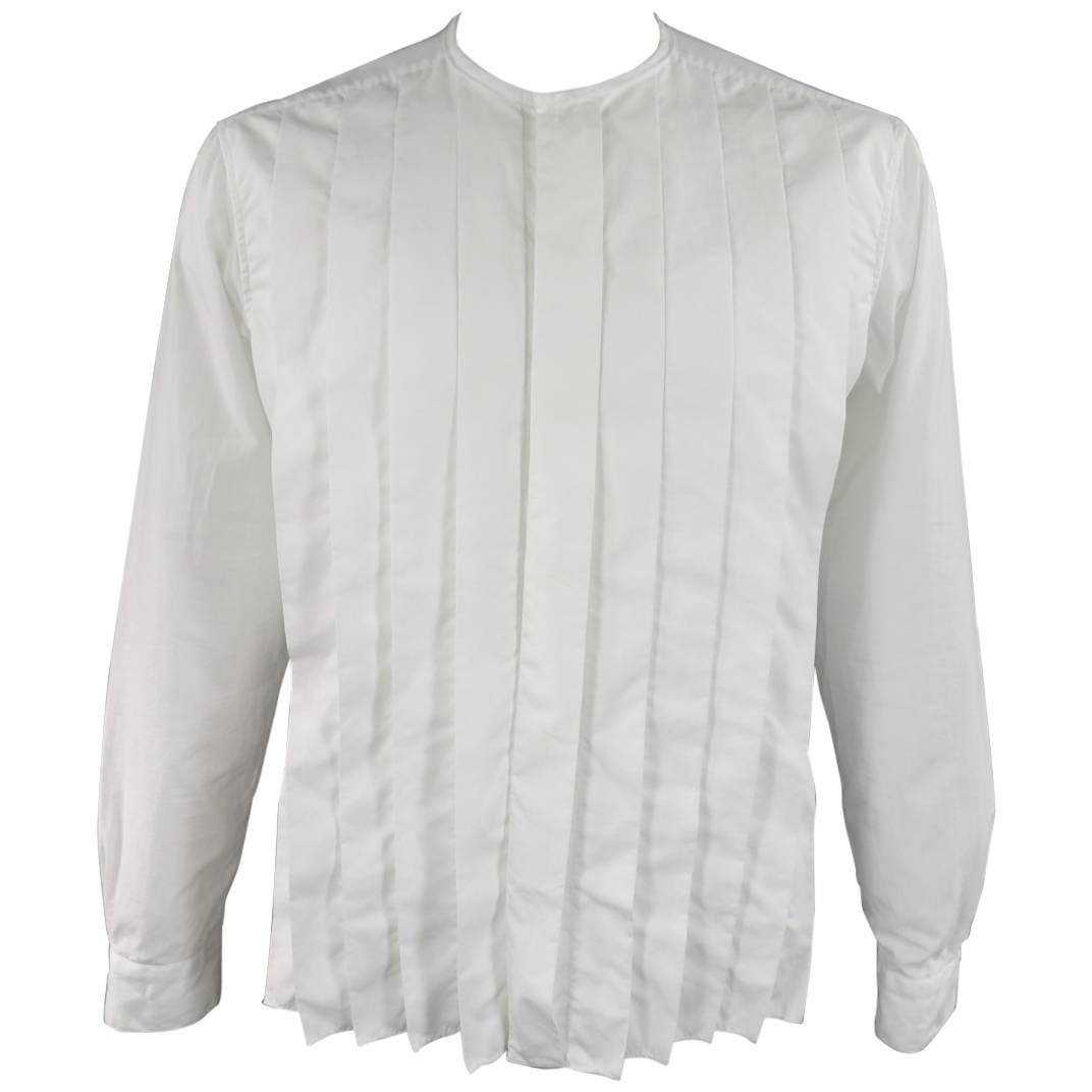 LANVIN Size L Men's White Pleated Cotton Collarless Long Sleeve Shirt