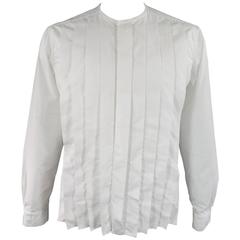 LANVIN Size L Men's White Pleated Cotton Collarless Long Sleeve Shirt