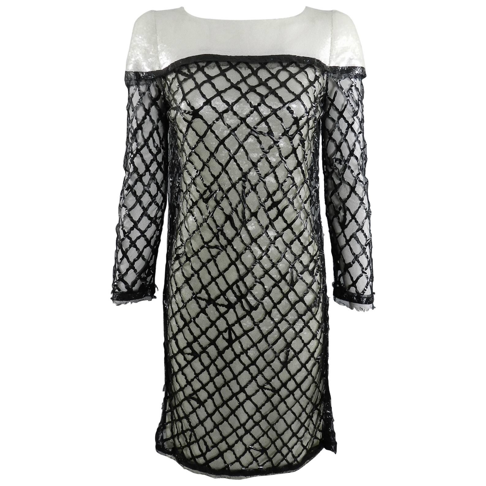 Chanel 09P White Sequin Runway Dress with Black Rubber Mesh Overlay