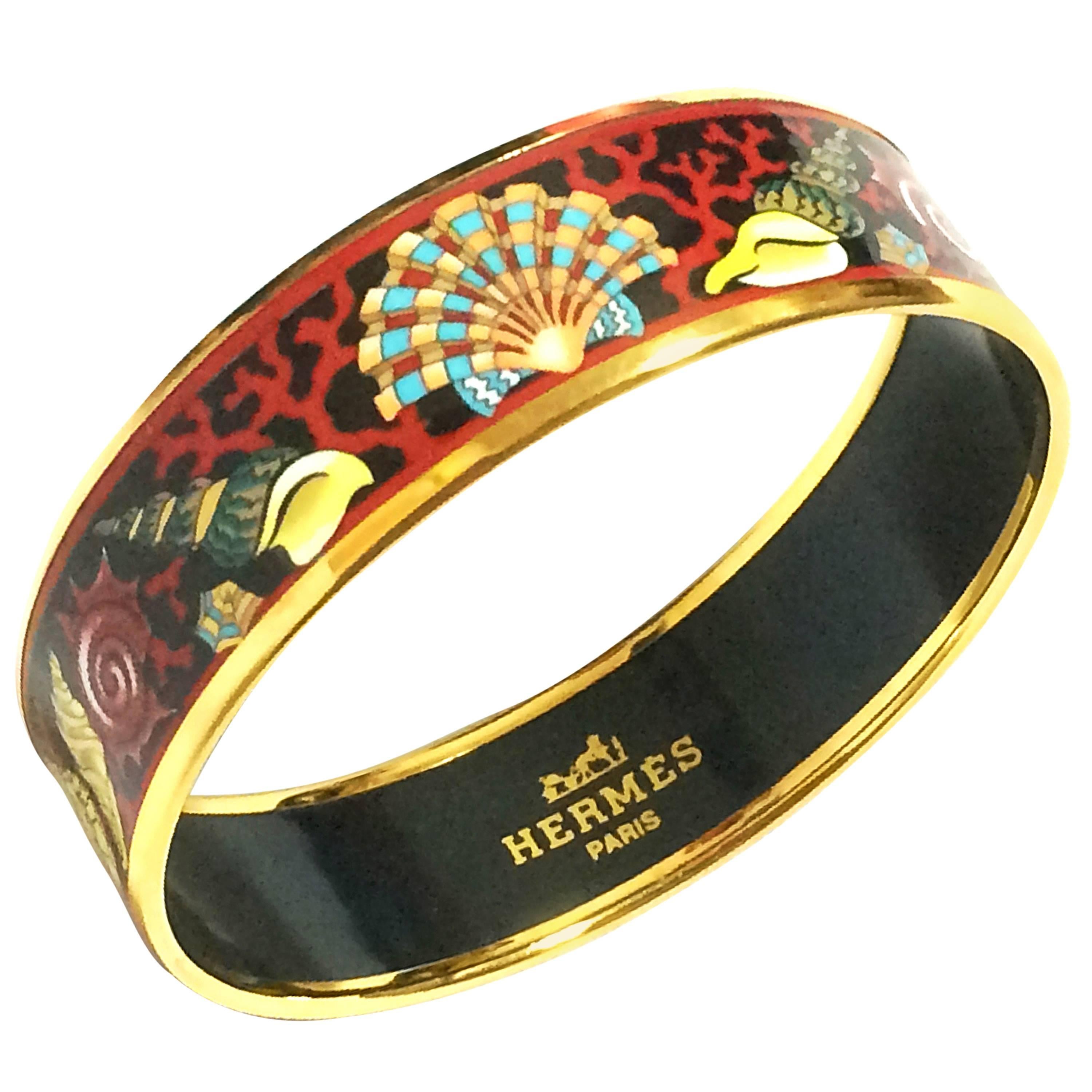 Vintage Hermes cloisonne enamel golden thick bangle, bracelet  with ocean, black