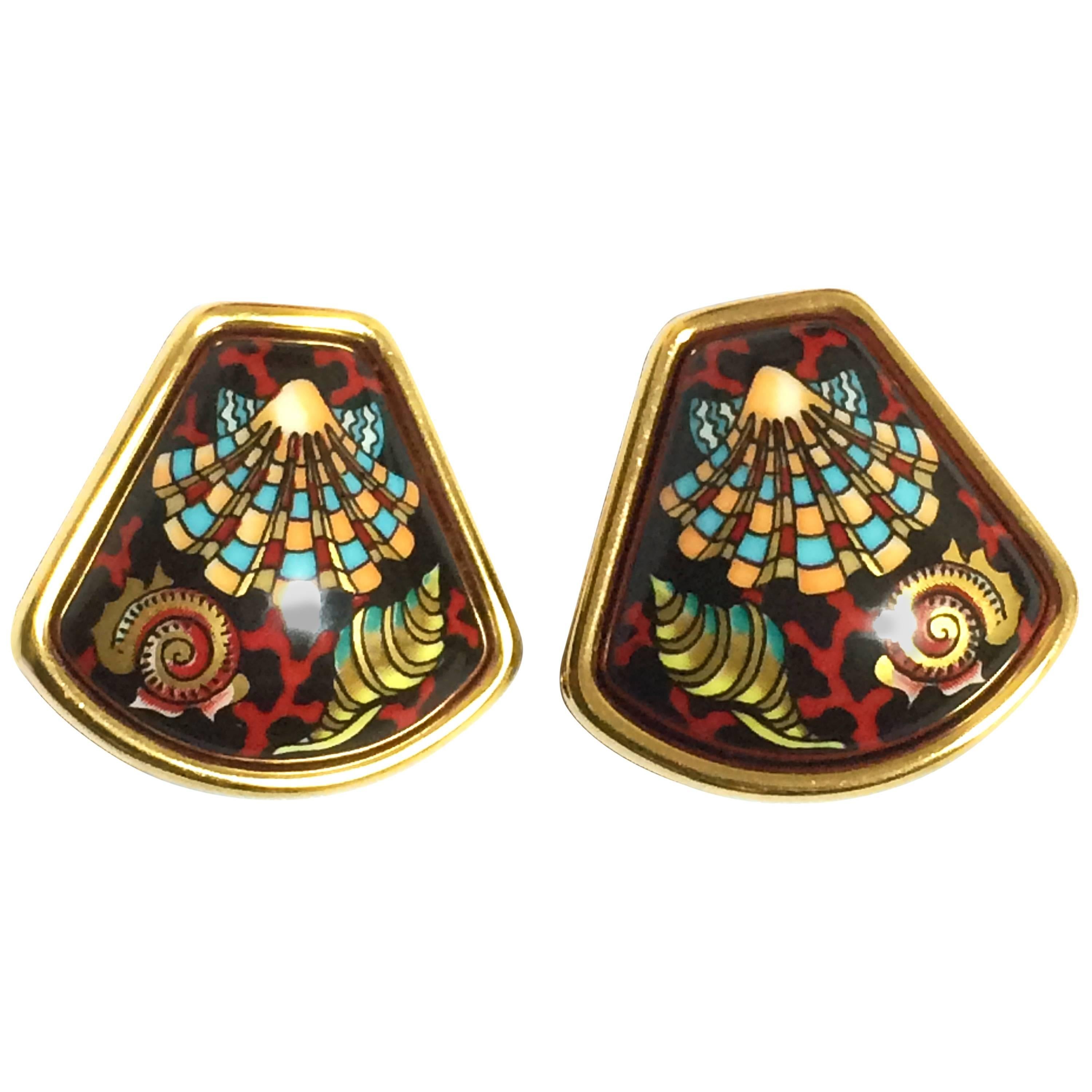 Vintage Hermes cloisonne enamel golden earrings with black ocean, red, blue etc