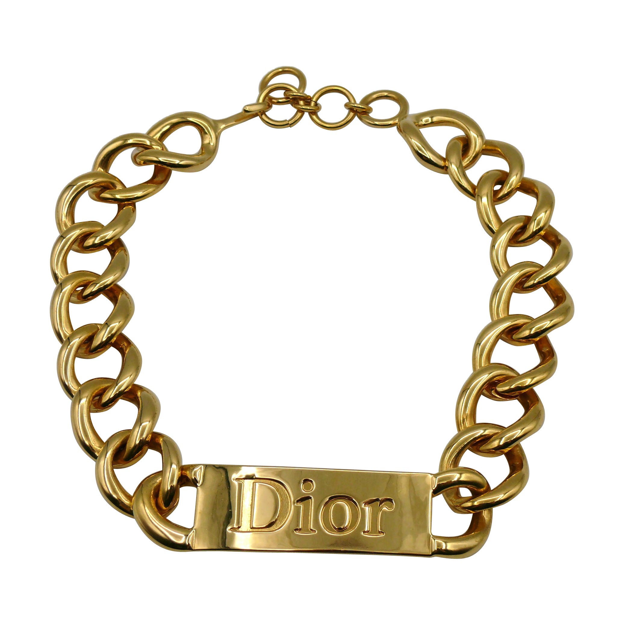 CHRISTIAN DIOR by JOHN GALLIANO Massive Gold Tone ID Tag Chain Necklace, 2000 For Sale