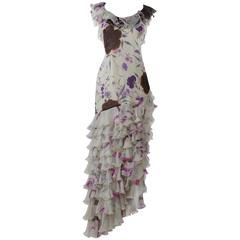 Emanuel Ungaro Floral Print Silk Long Ruffle Dress