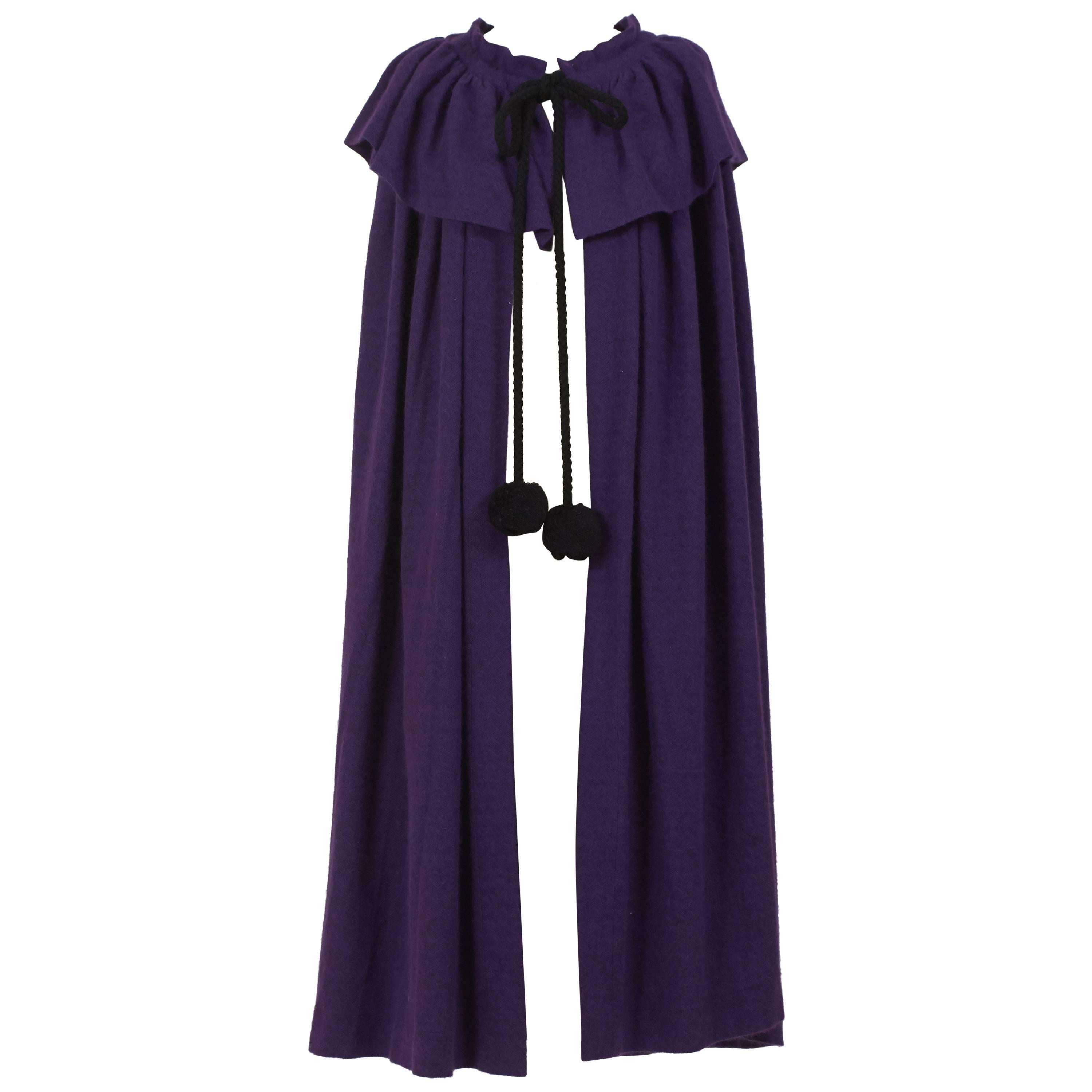 1970s Saint Laurent Rive Gauche Purple Wool Cape Cloack Coat For Sale