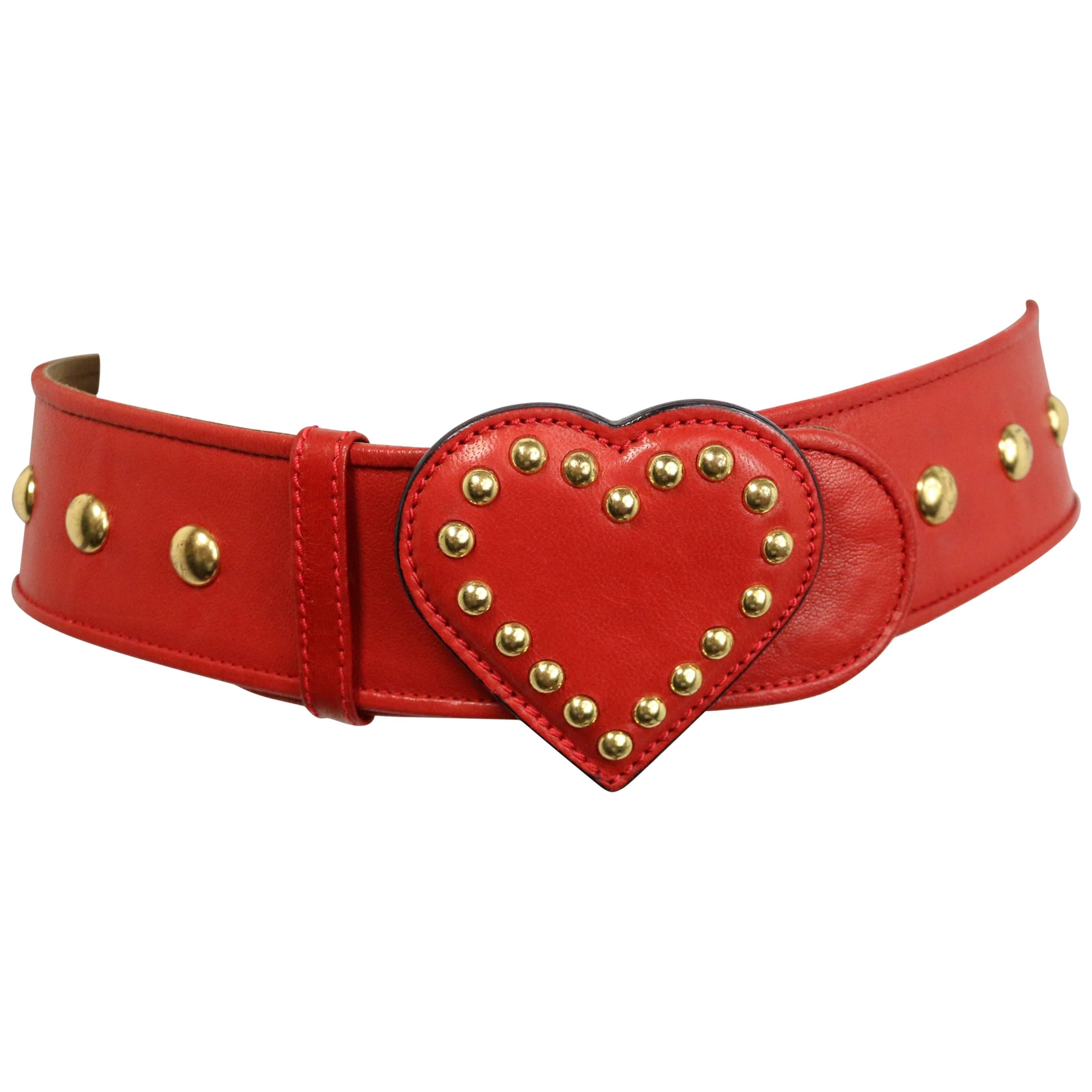 Moschino Red Leather Studded Heart Belt