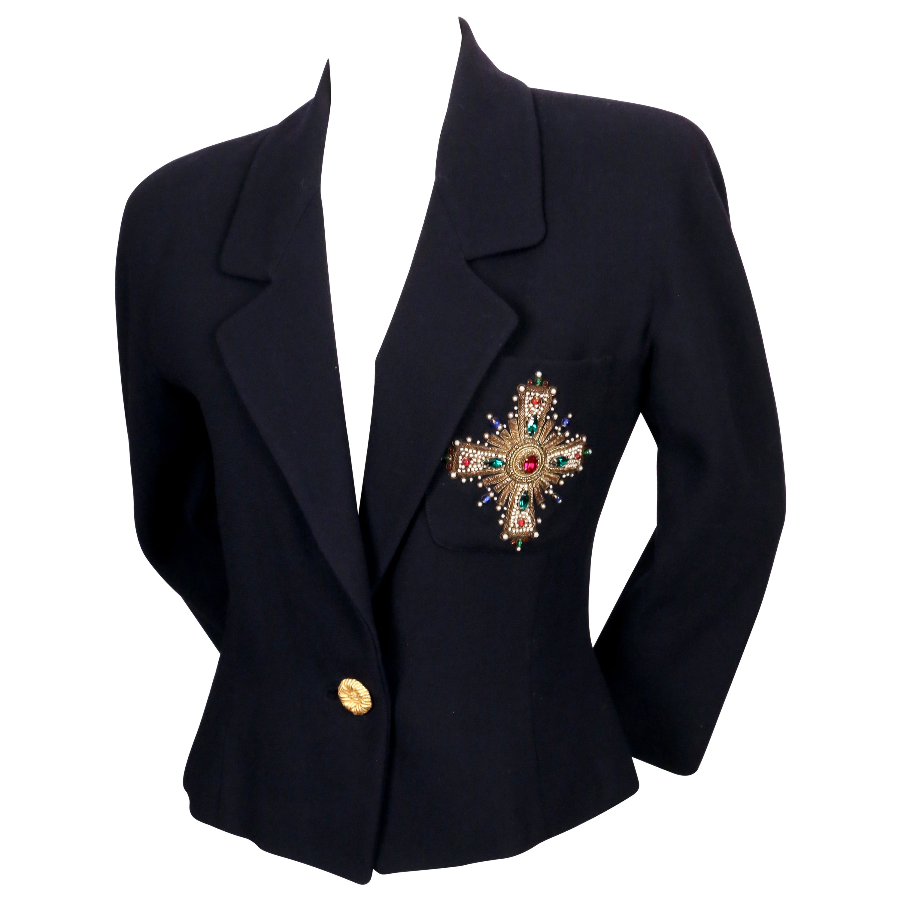 1980's ANNE KLEIN navy wool jacket with jeweled Byzantine cross detail For Sale