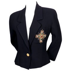 1980's ANNE KLEIN navy wool jacket with jeweled Byzantine cross detail
