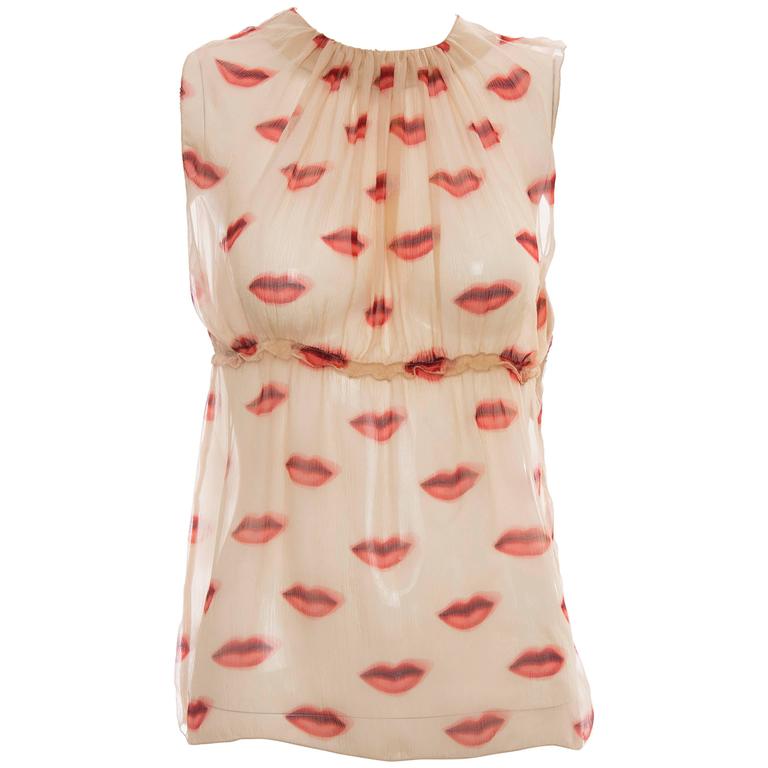 Prada Silk Chiffon Top With Lip Print Spring Summer 2000
