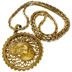 Lucien Piccard Art Nouveau Figural Womans Head Pendant + Chain Necklace 1970s 9