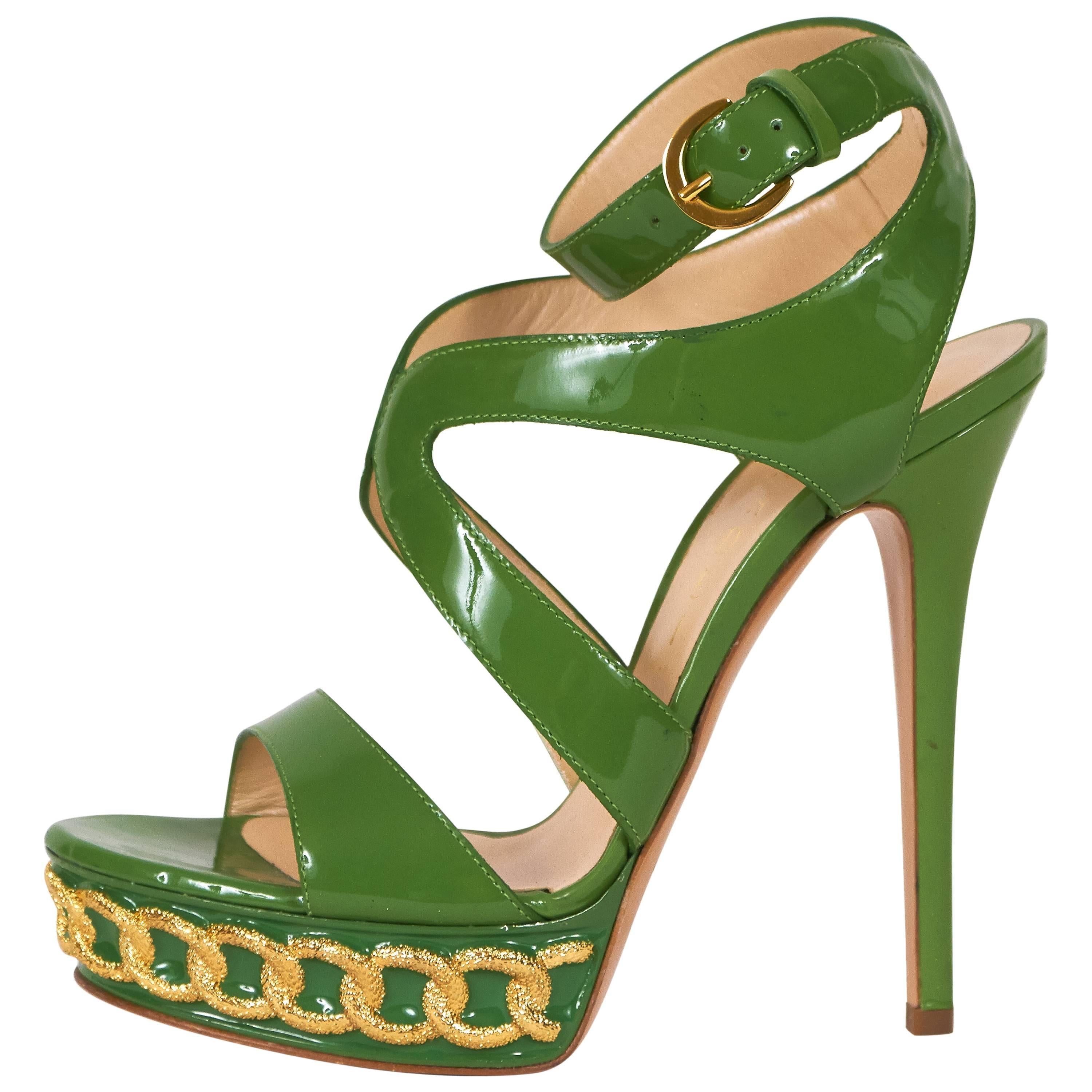 Casadei Made in Italy Green Patent Leather High Heel Platform Sandals