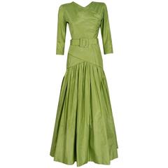 1986 Christian Dior Haute-Couture Chartreuse Silk Belted Hourglass Flounce Gown