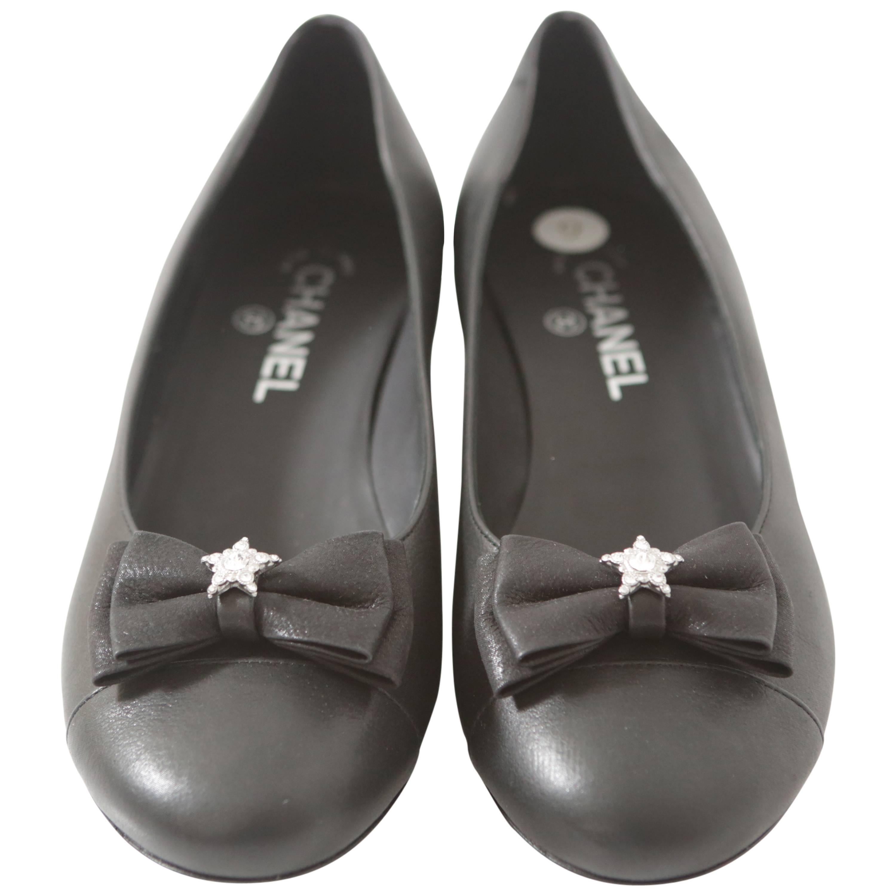 Chanel Black Leather Ballerina Flats with Grosgrain Bow & Crystal 