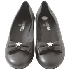 Chanel Black Leather Ballerina Flats with Grosgrain Bow & Crystal