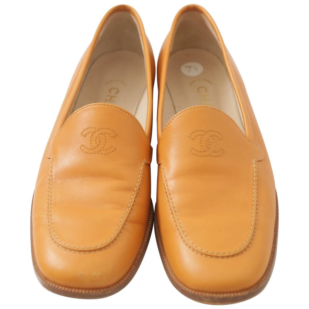 Chanel Tan Leather Loafer W/ 'CC' Logo
