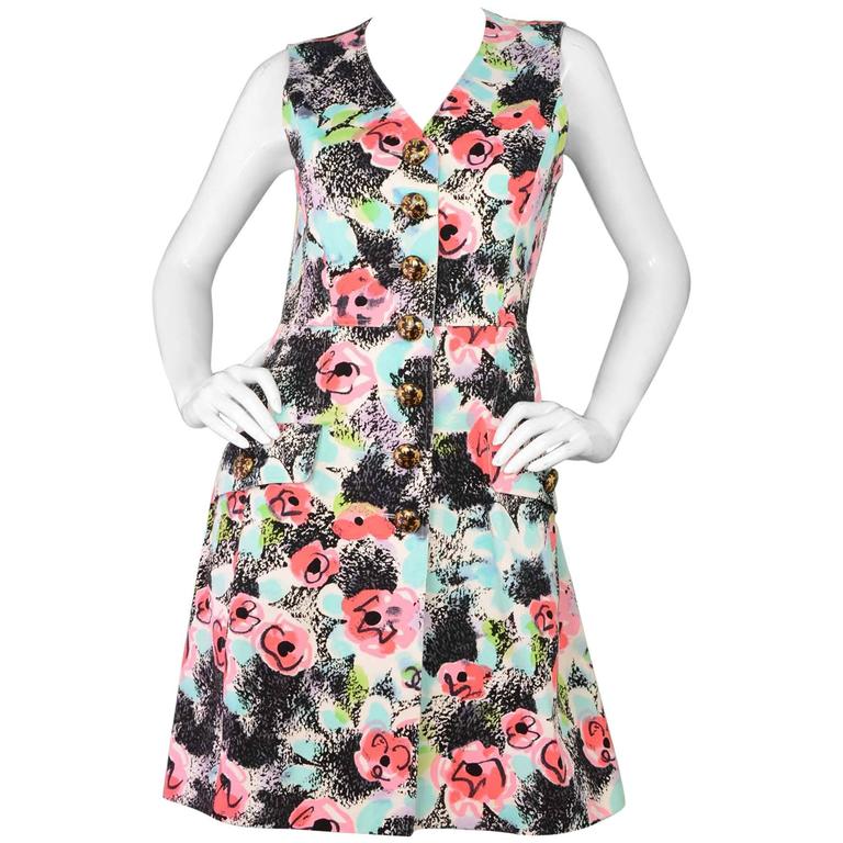 Chanel 1997 Floral Print Sleeveless Cotton Dress Sz 40 For Sale at 1stdibs