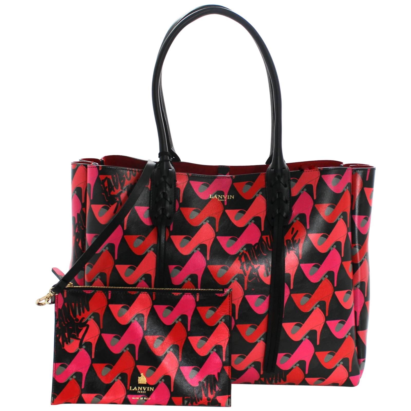 Lanvin Pink Shoe Print on Black Leather Tote Bag For Sale