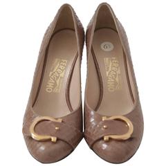 Salvatore Ferragamo Taupe Python Pumps with Iconic Buckle 8