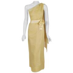 Vintage 1969 Christian Dior Haute-Couture Yellow Silk One-Shoulder Grecian Goddess Gown
