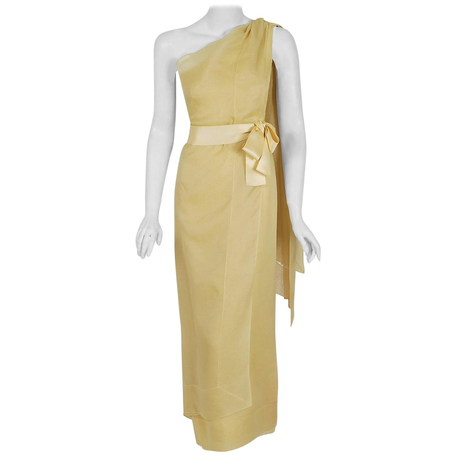 1969 Christian Dior HauteCouture Yellow Silk OneShoulder
