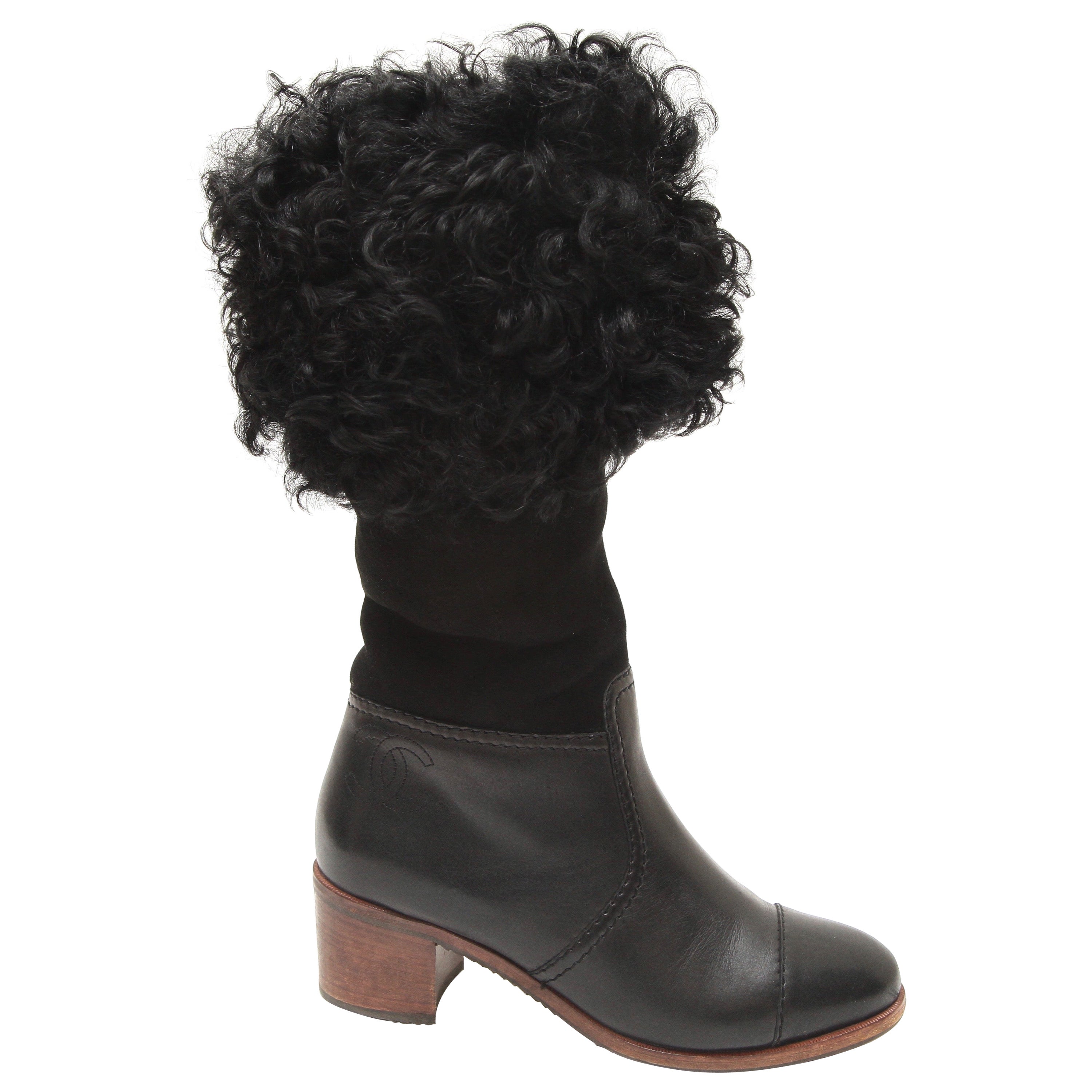 CHANEL Boots Black Suede Leather Mid-Calf Fur CC Cap Toe Block Sz 40 2015 15B For Sale