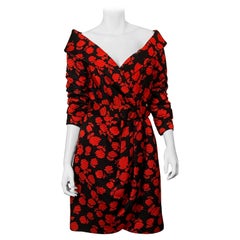Retro Scaasi Boutique Red Roses on Black Silk Faille Off the Shoulder Cocktail Dress
