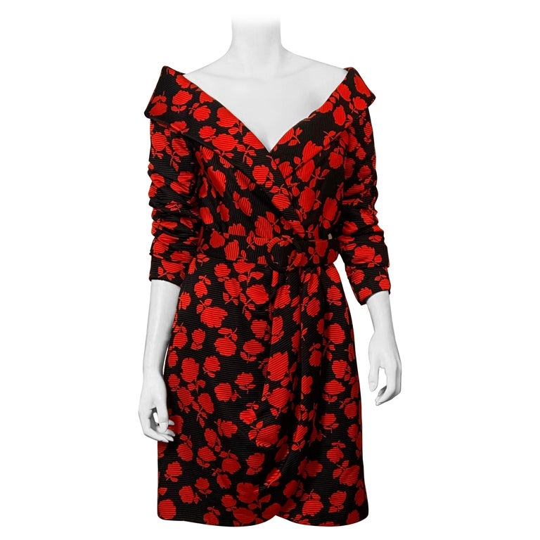 Scaasi Boutique Red Roses on Black Silk Faille Off the Shoulder Cocktail Dress For Sale