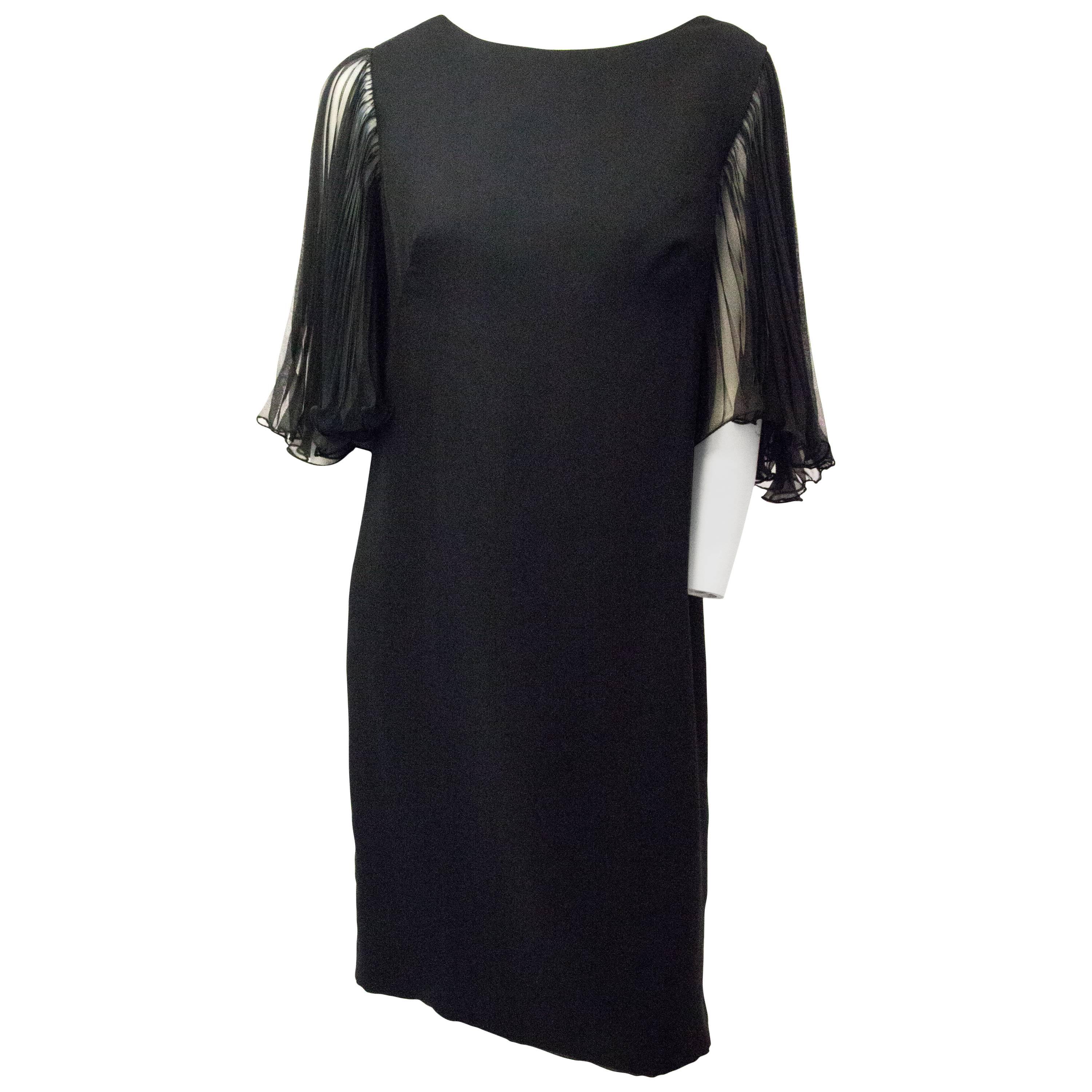 70s Little Black Dress with Pleated Chiffon Butterfly Sleeves 