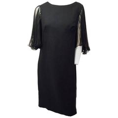 70s Little Black Dress with Pleated Chiffon Butterfly Sleeves 7