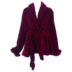 Romeo Gigli S/S 1990 Look 24 Textured Garnet Velvet Swing Wrap Coat With Belt 44