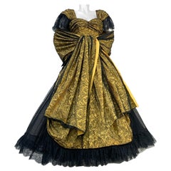 1980s Jean-Louis Scherrer Yellow Silk & Chantilly Lace Voluminous Gown w Stole