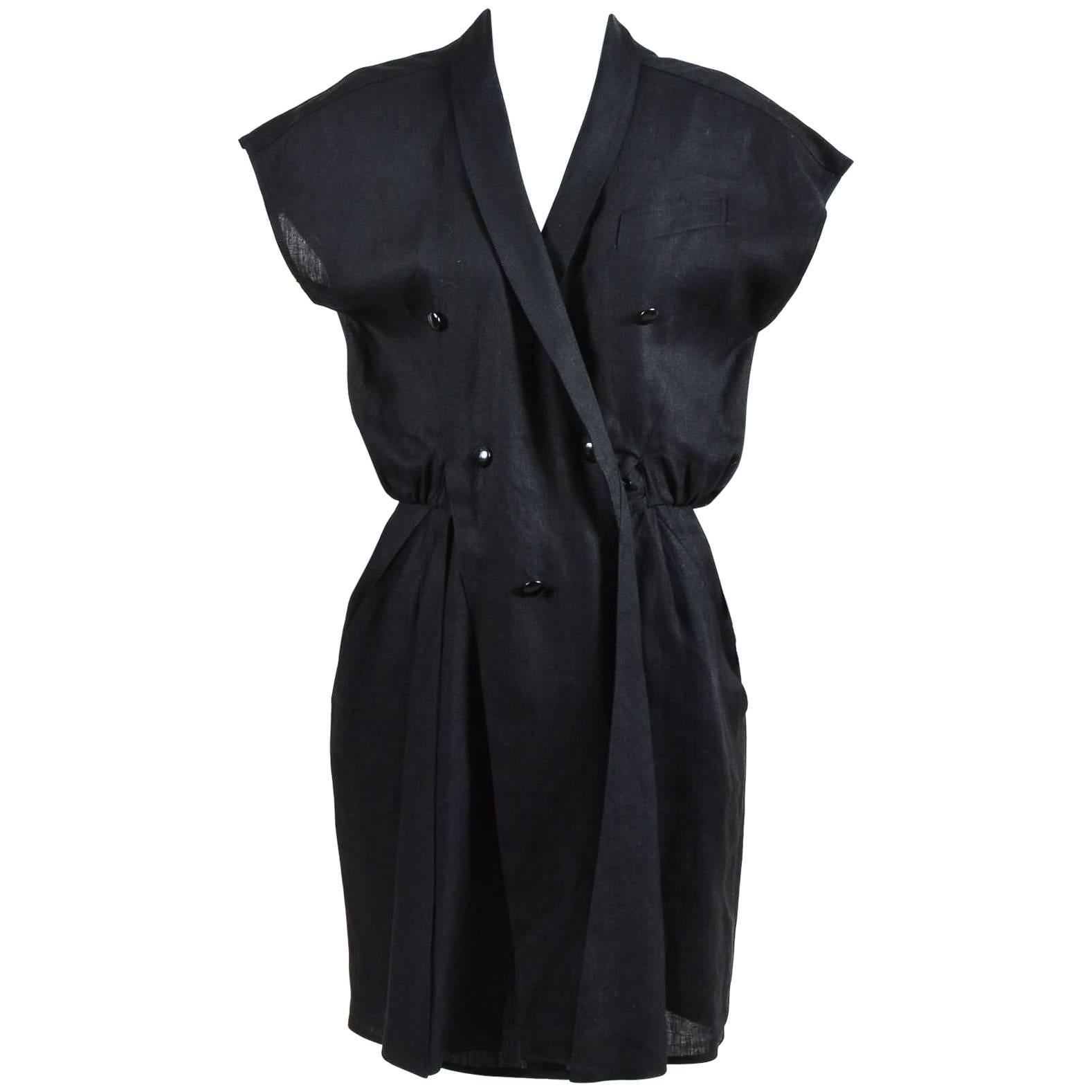 Vintage Fendi 365 Black Linen Button Front Drape Dress SZ 40 For Sale