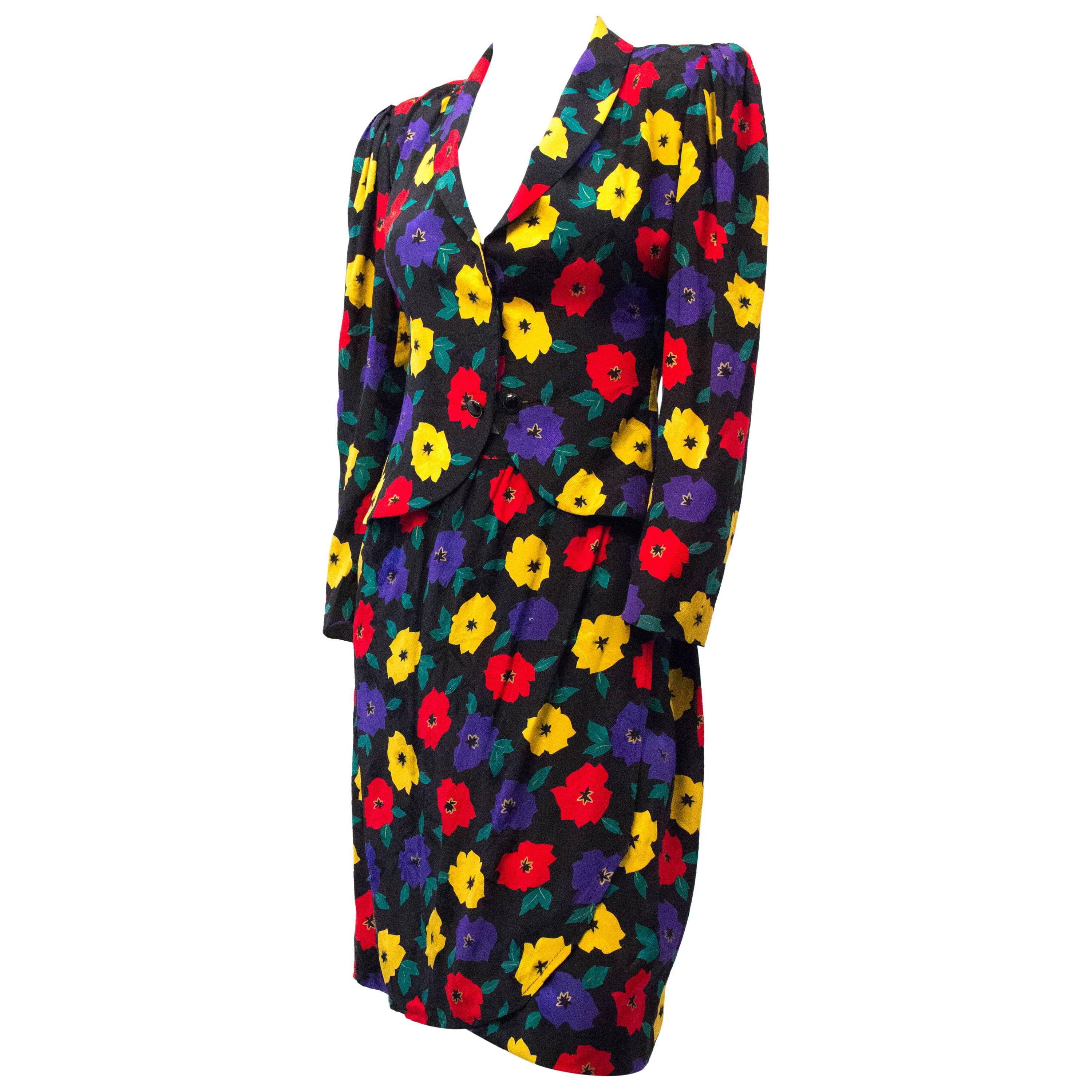 80s Emanuel Ungaro Floral Silk Skirt Suit  For Sale