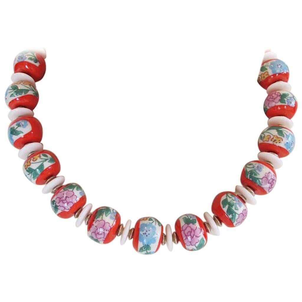 Masha Archer Thousand Flowers Red Wreath Necklace  For Sale