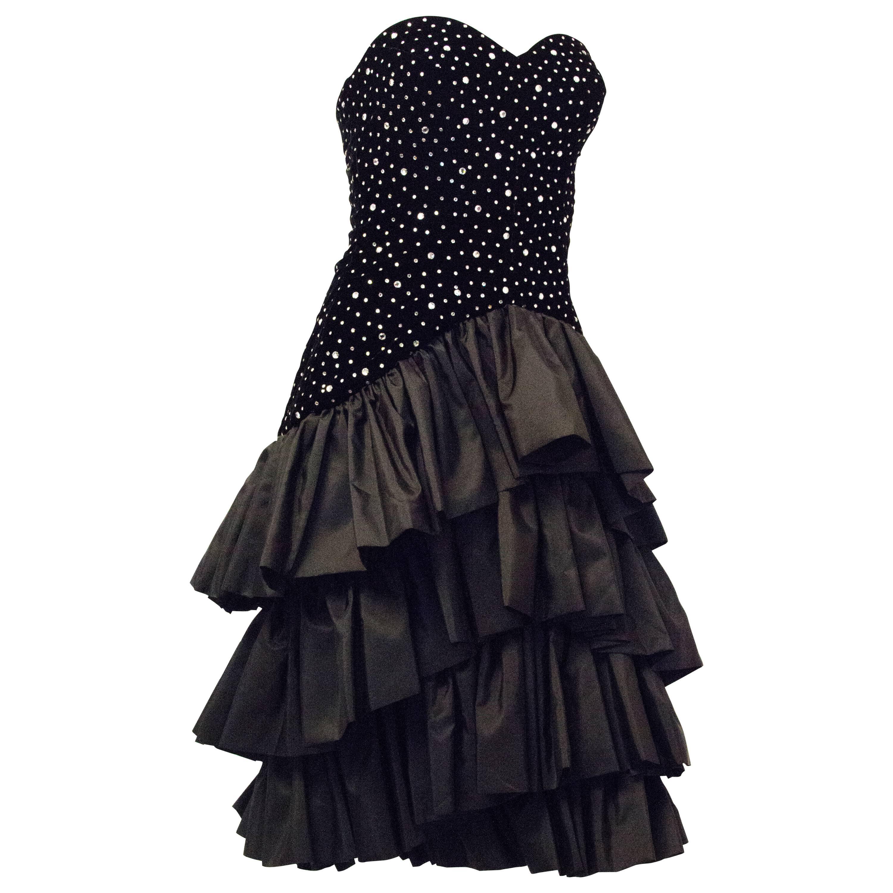 80s Black Velvet Rhinestone Studded Cocktail Dress with Tiered Taffeta Skirt  For Sale