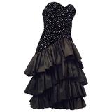 80s Black Velvet Rhinestone Studded Cocktail Dress with Tiered Taffeta Skirt