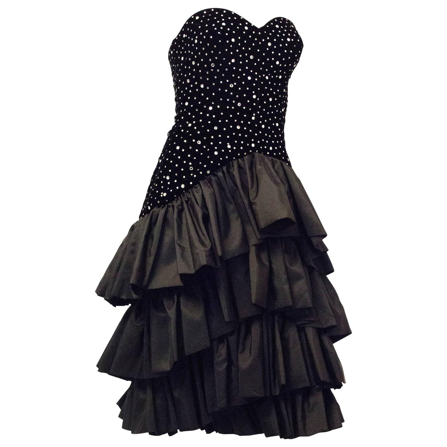 80s Black Velvet Rhinestone Studded Cocktail Dress with Tiered Taffeta Skirt For Sale at 1stdibs