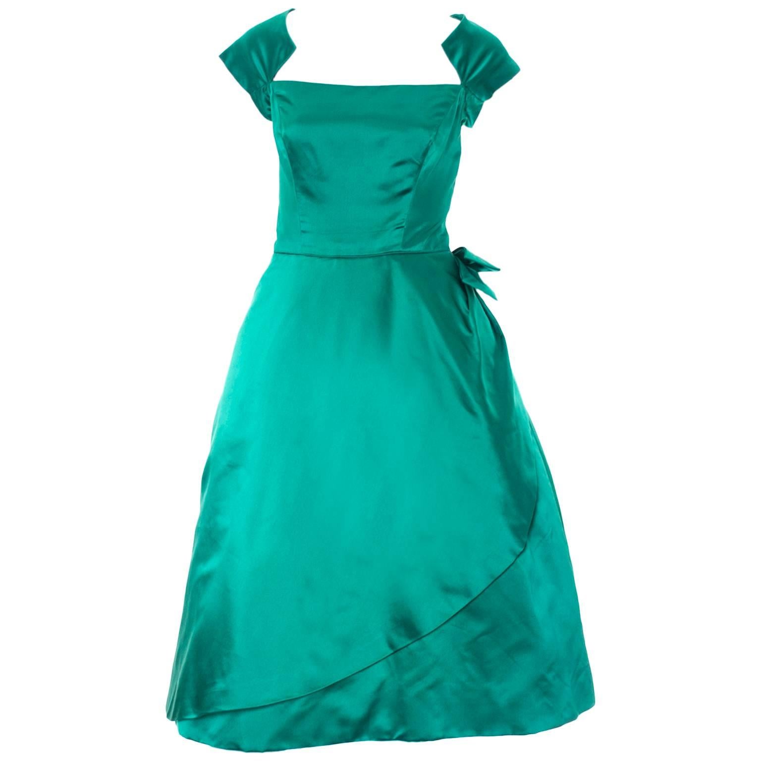 Philip Hulitar 1950s Vintage Dress Green Satin Bow Beautiful Neckline Size 6