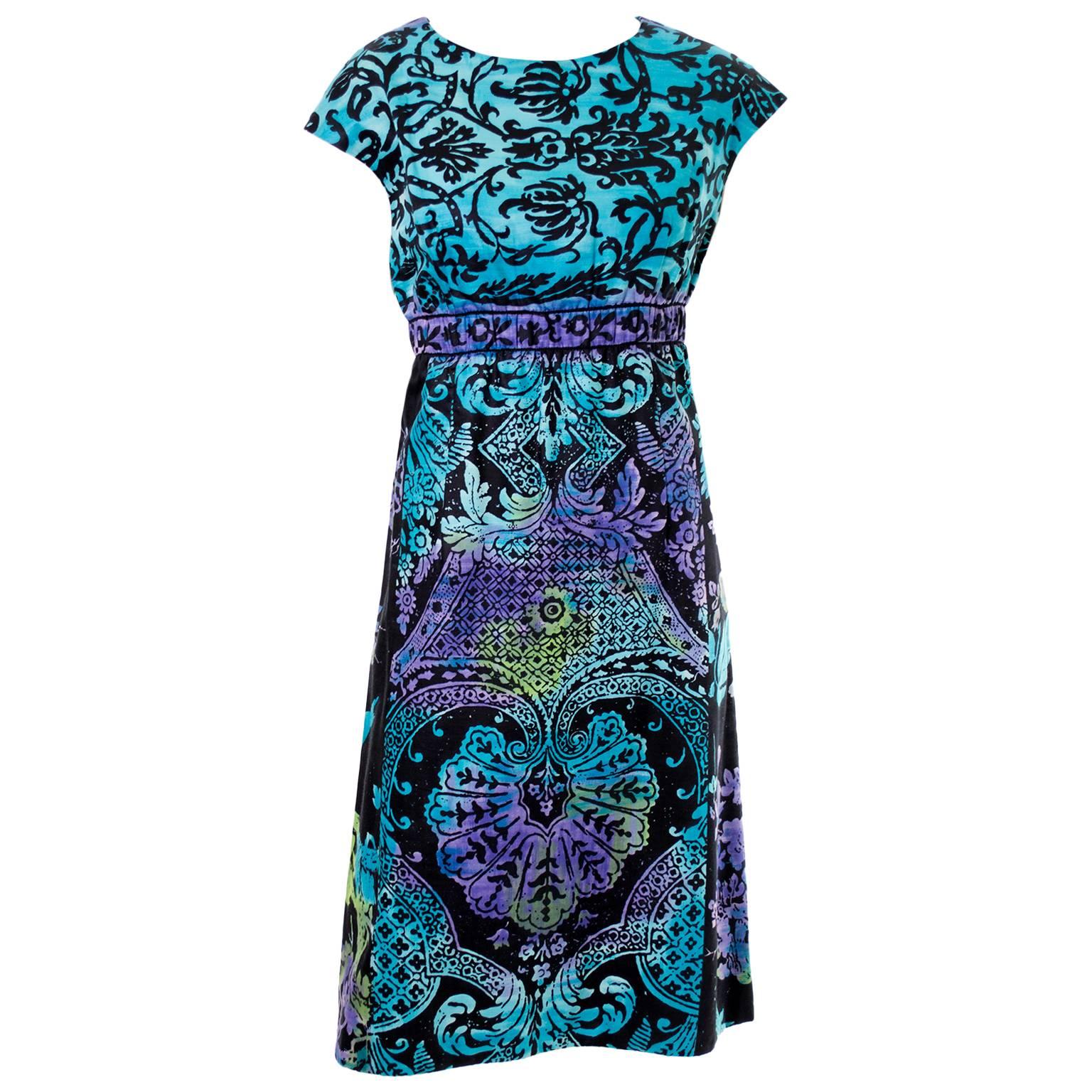 1970s Dress From Dynasty in Blue Purple Batik Cotton Size 6/8