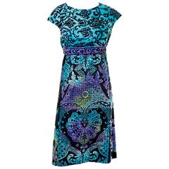 1970s Dynasty Blue Purple Batik Cotton Vintage Dress Size 6/8 7