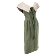 1950s Suzy Perette Vintage Dress in Green Raw Silk W/ Soutache Trim