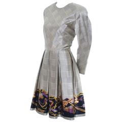 William Bill Travilla Vintage Silk Dress Houndstooth Plaid Tassel Print 8/10