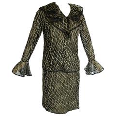 Bill Blass Black + Gold Illusion Lace Jacket + Skirt Suit with Ruffle Detail 70s 11