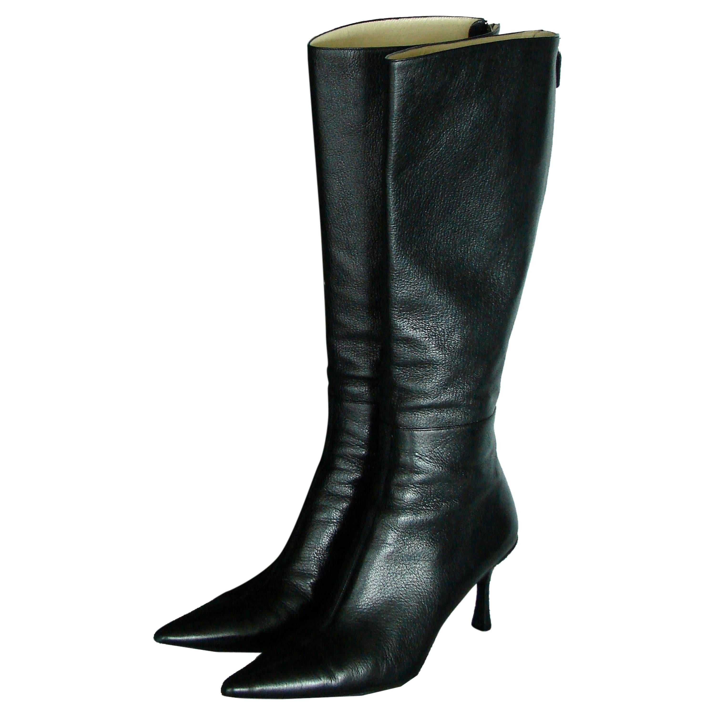 Gucci Black Kidskin Leather Knee High Boots Gomma Bali sz7.5 + Box + Dust Cover